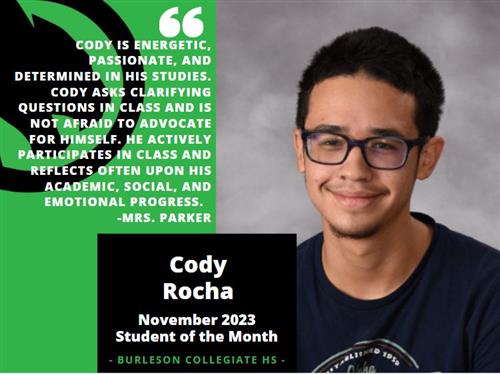Cody Rocha - November 2023 Student of the Month